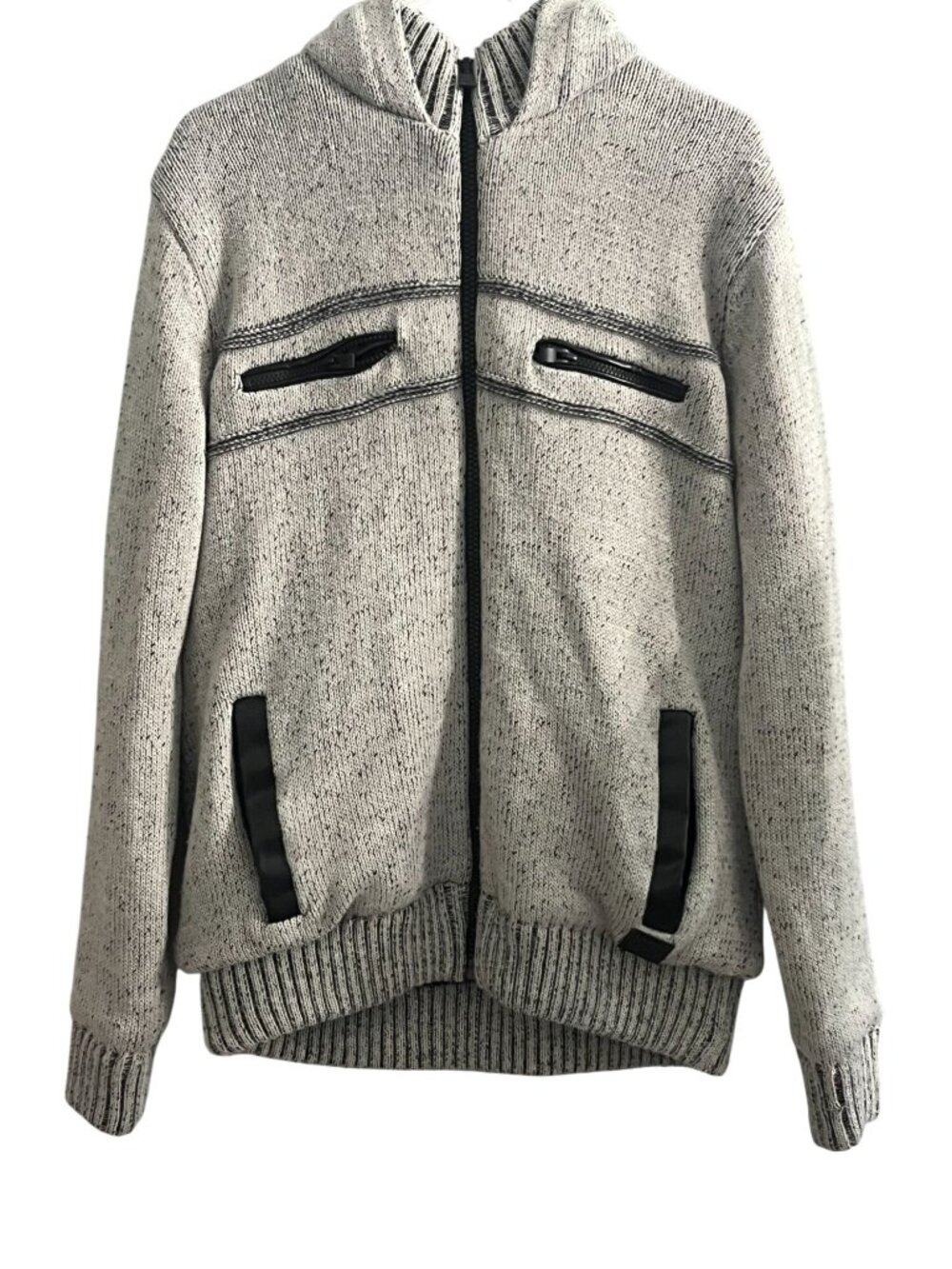 Xray Gray Urban Hooded Knit Sweater Jacket Faux Leather Trim Full Zip Men's XL
